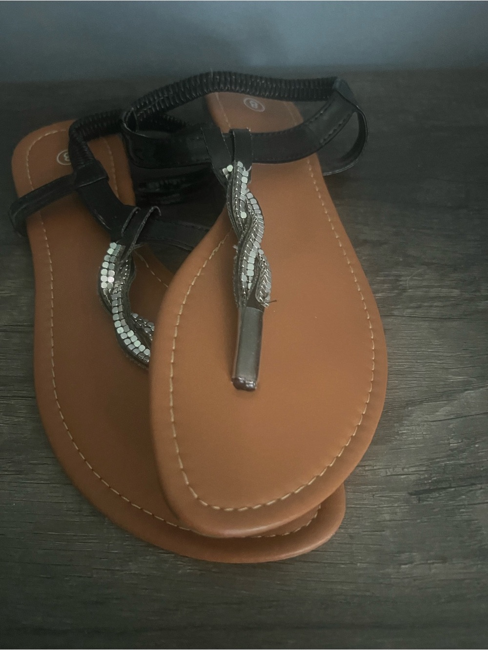 Black and Brown Women's Beaded T-Strap Sandals